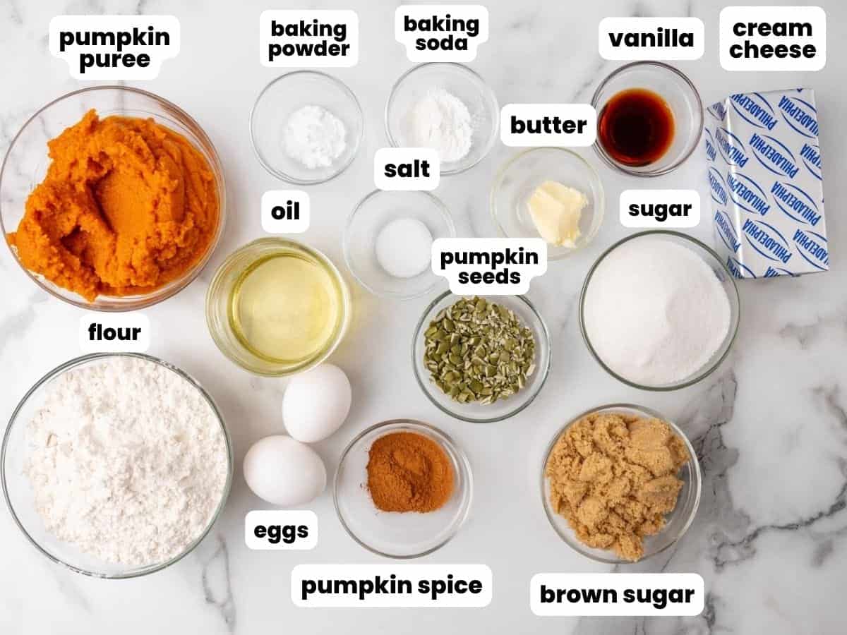 The ingredients needed to make pumpkin cream cheese muffins with praline pumpkin seeds, measured and arranged in small glass bowls on a marble counter.