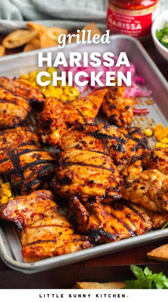 grilled chicken on a sheet pan. Text overlay says 